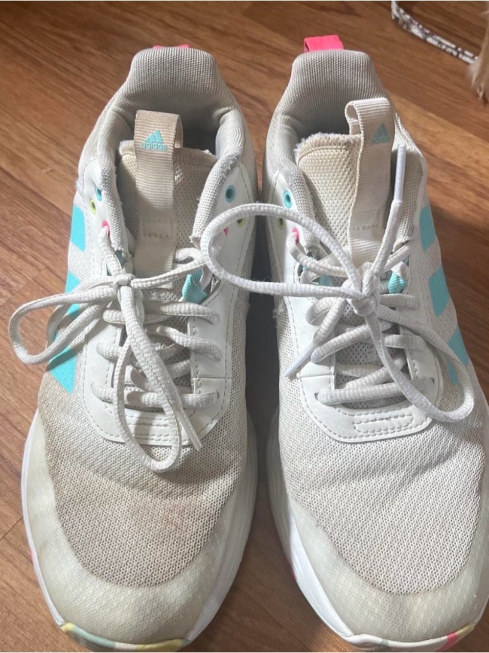 adidas white Sneakers with cyan Stripes and multi color bottom